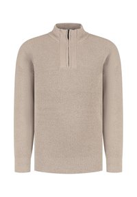 Beige pullovertrui met een halve rits kraag, textuur in geribde breiwijze, lange mouwen en een relaxte pasvorm.