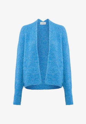 Svijetloplava, otvorena kardigan napravljena od pahuljaste pletene tkanine s rebrastim manžetama i rubom. Ima opušteni kroj i teksturiranu površinu.