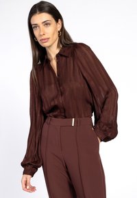 Bruine transparante knoopshirt met een verticaal gestreept ontwerp en geplooide mouwen, gecombineerd met strakke bordeauxrood broeken met een gouden accent.