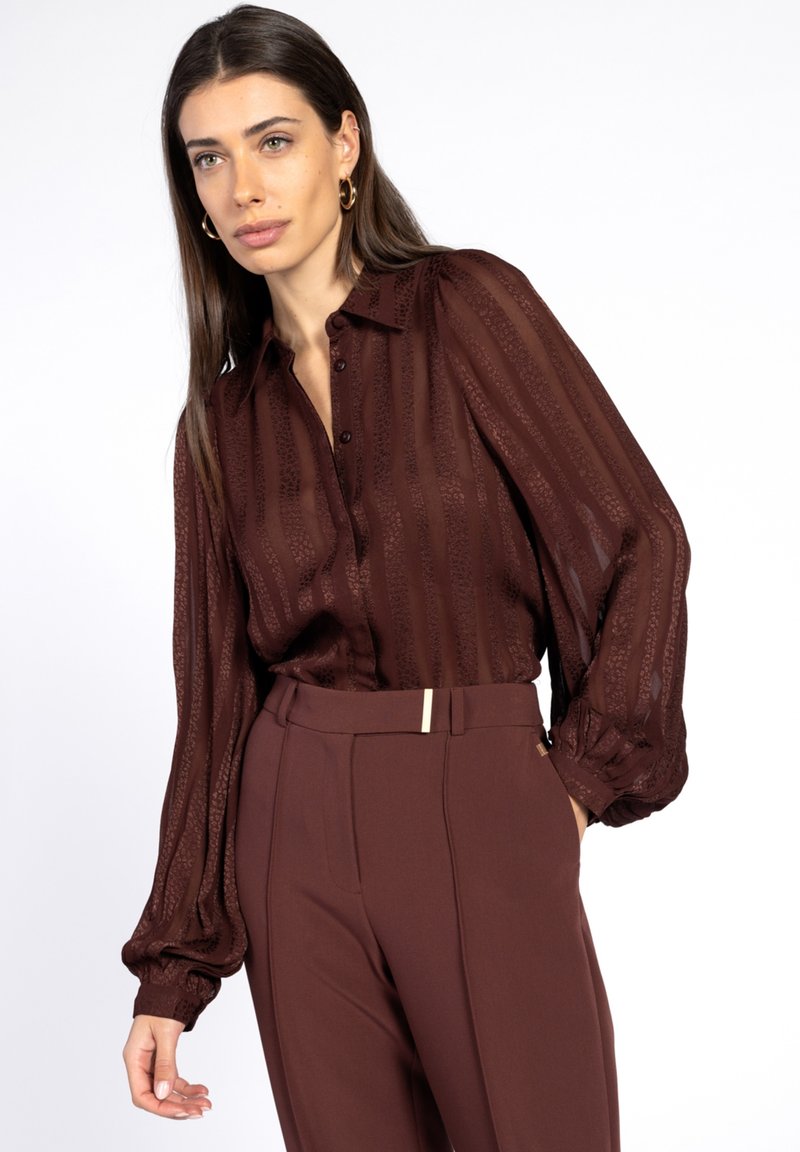 Bruine transparante knoopshirt met een verticaal gestreept ontwerp en geplooide mouwen, gecombineerd met strakke bordeauxrood broeken met een gouden accent.