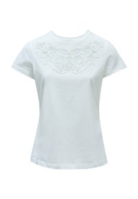 Camiseta de algodón blanca con mangas cortas y cuello redondo. Presenta un intrincado bordado blanco en la parte delantera, que representa patrones florales.