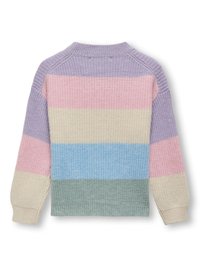 Sweater featuring horizontal stripes in lilac, pink, cream, blue, and green. Knitted texture with a round neck and ribbed hem.
