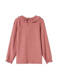 Camicia a maniche lunghe color rosa polveroso, con colletto a volant e polsini arricciati. Realizzata in tessuto a coste con chiusura sul retro.