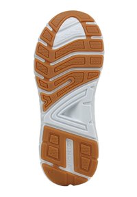 La suola della scarpa presenta una base bianca testurizzata con schemi di trazione in gomma arancione e un design distintivo per aderenza e stabilità.