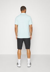 Hellblaues Polohemd mit kurzen Ärmeln und Kragen, kombiniert mit dunklen Shorts. Das Model steht mit dem Rücken zur Kamera, trägt Sportschuhe und Knöchelsocken.