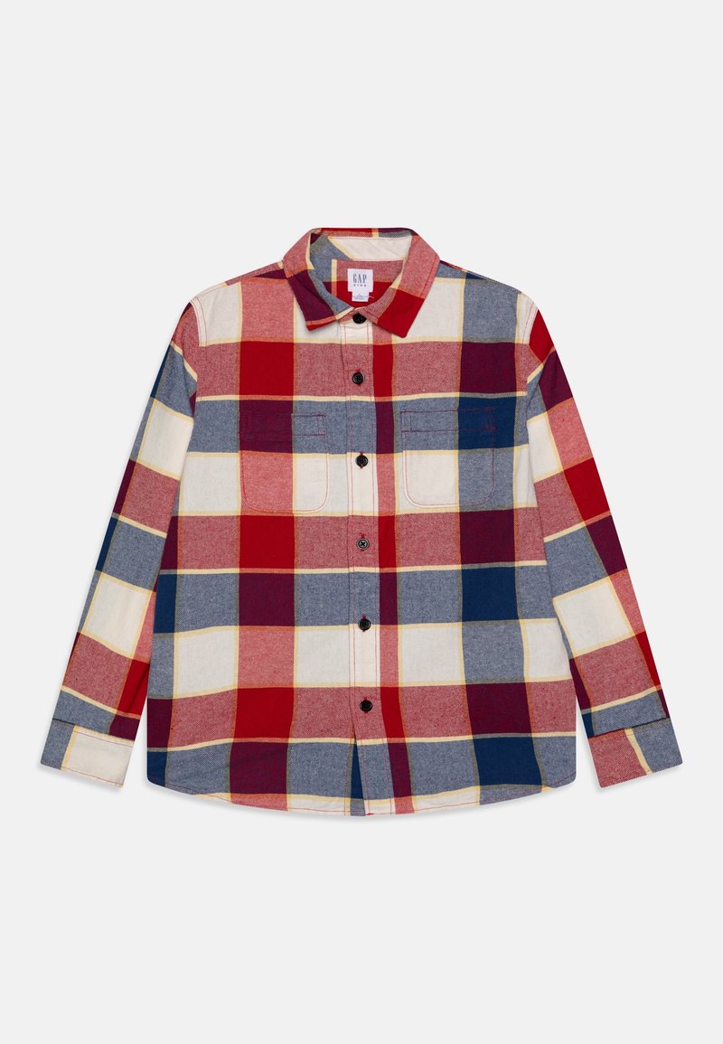 Chemise boutonnée à manches longues avec un grand motif à carreaux rouge, bleu marine, crème et jaune et deux poches poitrine.