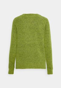 Grüner gestrickter Pullover mit langen Ärmeln, Rundhalsausschnitt und einer leicht strukturierten Oberfläche. Der Stoff hat ein weiches, gemischtes Aussehen.