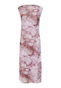 Kätsega kleit heleses roosas värvitoonis, millel on akvarellmarmori muster. Voogav disain, keskmise pikkusega, tekstuuriga kangas, millel on õrn sära.
