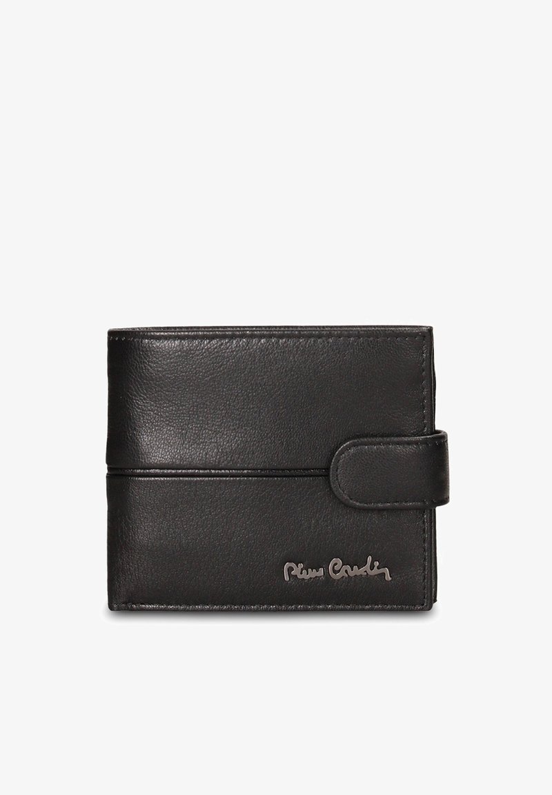 Portafoglio nero in pelle con una texture liscia, design a doppia piega e chiusura anteriore con bottone a scatto. Presenta il nome del marchio impresso in argento.