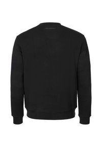 Sudadera negra con cuello redondo, mangas largas, puños y dobladillo acanalados, textura suave y logo sutil en la parte trasera.