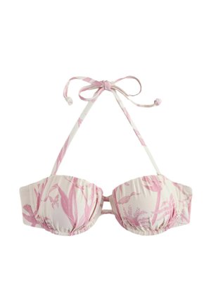 Pink and white floral patterned padded bikini top with halter neck tie and back clasp closure on a white background.