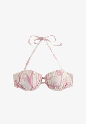 Pink og hvid blomster mønstret polstret bikini top med halterneck bindebånd og baglås på hvid baggrund.