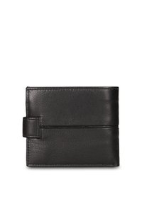 Portafoglio nero in pelle con finitura testurizzata, presenta una chiusura avvolgente e un design minimalista, con una forma approssimativamente rettangolare.