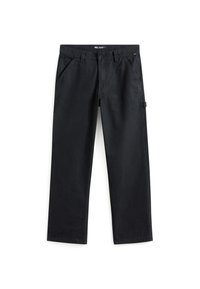 Pantalones de algodón negros con un diseño de pierna recta, que cuentan con bolsillos frontales inclinados y un bolsillo lateral, hechos de una tela suave y duradera.