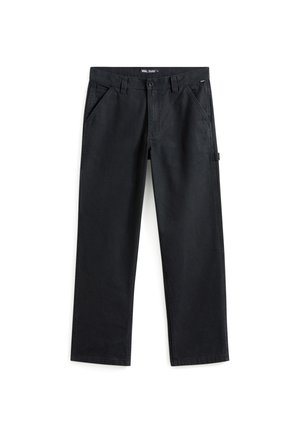 Pantalones de algodón negros con un diseño de pierna recta, que cuentan con bolsillos frontales inclinados y un bolsillo lateral, hechos de una tela suave y duradera.