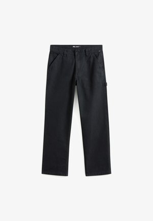 Czarne bawełniane spodnie o prostym kroju, z ukośnymi przednimi kieszeniami i boczną kieszenią, wykonane z miękkiej, trwałej tkaniny.