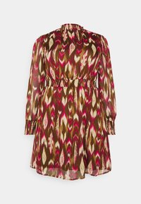 Hnědé šaty s živým abstraktním vzorem v růžové a krémové barvě. Mají dlouhé rukávy, nařasený výstřih a elastický pas.