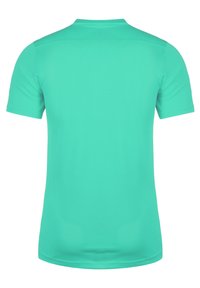T-shirt z krótkim rękawem, dopasowany, w jasnym turkusowym kolorze, wykonany z gładkiego materiału, z okrągłym dekoltem i bezszwowym wykończeniem. Bez widocznych logo ani wzorów.