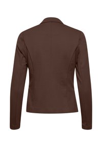 Hnedé priliehavé sako s dlhými rukávmi, štruktúrovanými švami a klasickým golierom, zobrazené zozadu.