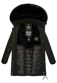 Black puffer coat with a faux fur-lined hood, zip and snap closures, ribbed cuffs, and a textured inner lining. Features logo tags inside.