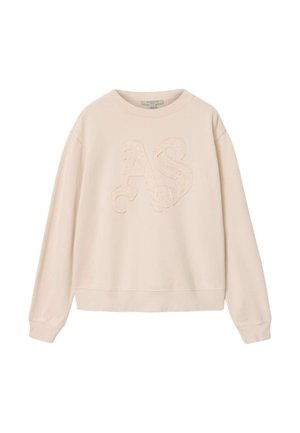 Beige Sweatshirt mit langen Ärmeln, gerippten Bündchen und Saum, mit erhabenen, strukturierten "AS"-Buchstaben, die mittig auf der Vorderseite bestickt sind.