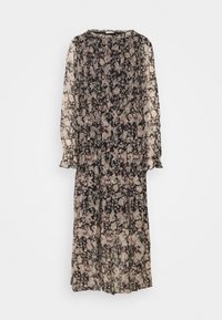 Schwarzes floral langärmeliges Kleid aus transparentem Stoff, mit einem plissierten Design und zarten rosa und weißen Blumen, die überall detailsiert sind.