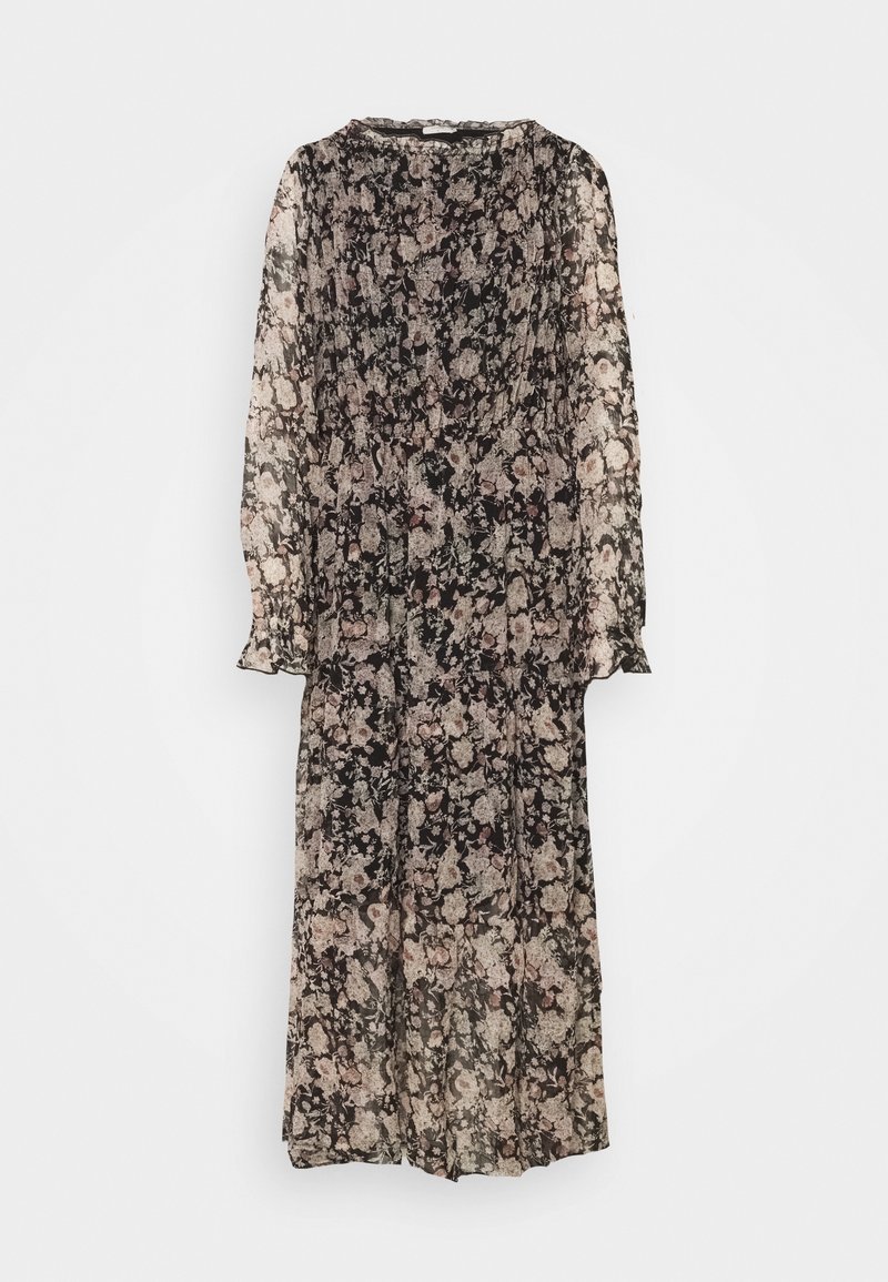 Schwarzes floral langärmeliges Kleid aus transparentem Stoff, mit einem plissierten Design und zarten rosa und weißen Blumen, die überall detailsiert sind.