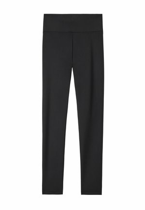 Svarta leggings gjorda av stretchigt tyg, med hög midja, slät textur och en figurnära design. Inga synliga mönster eller accenter.