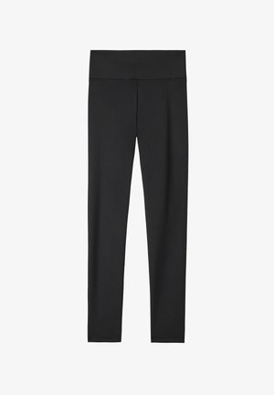 Leggings noires en tissu extensible, avec une taille haute, une texture lisse et un design ajusté. Pas de motifs ni d'accents visibles.
