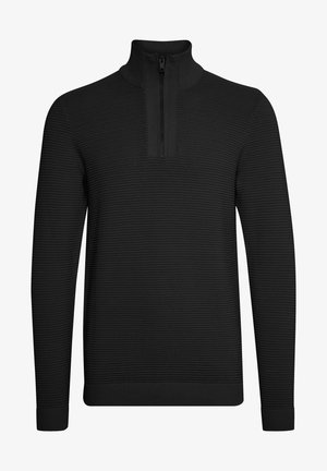 Black pullover sweater with a high collar and half-zip closure. Features a textured, ribbed design and long sleeves.