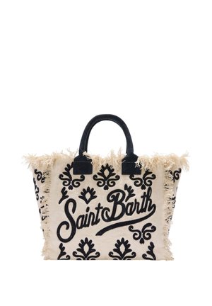 Beige mulepose med sorte dekorative mønstre, frynser langs kanterne, sorte håndtag og "Saint Barth" broderet med stor skrift på forsiden.