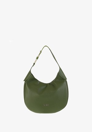 Sac à bandoulière en cuir vert avec une forme arrondie et un devant plissé. Caractéristiques d'une courte bandoulière et d'accents en métal doré. Logo embossé à l'avant.