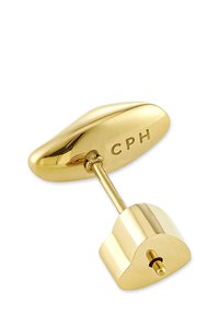 Gemelli d'oro con retro ovale incisi "CPH" e chiusura a barra T, presentati su uno sfondo bianco.