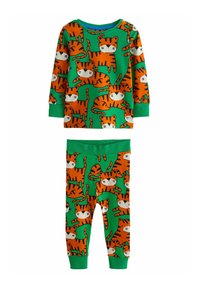 Langærmet grøn pyjamas sæt med et orange tigerprint. Har ribbede manchetter, en rund hals og matchende tapered bukser med elastisk talje.