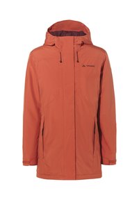 Chaqueta impermeable naranja con capucha, que presenta un cierre frontal con cremallera, dos bolsillos laterales y puños ajustables. Logo del fabricante en el pecho.