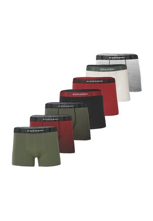 Huit paires de boxers pour hommes de couleurs variées, y compris vert, rouge, gris, noir et rayé, avec des ceintures élastiques de marque.