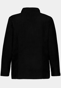 Giacca di fleece nera con colletto, maniche lunghe e una consistenza morbida. La parte posteriore è liscia, senza hardware visibile o motivi.