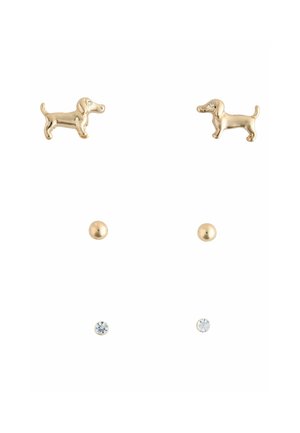 Three pairs of gold stud earrings displayed vertically: dachshund-shaped, plain round, and small round clear stone studs.