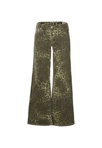 Jeans w stylu leopardzim o szerokich nogawkach w oliwkowym kolorze, z wysokim stanem, przednimi kieszeniami i kontrastowym szwem dla dodatkowego akcentu.