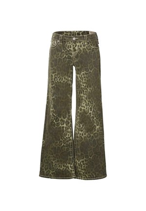 Leopardo rašto plačios kojos džinsai alyvų žalios spalvos, su aukštu liemeniu, priekinėmis kišenėmis ir kontrastingais siūlais, kad būtų pridėta detalė.