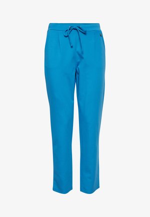 Vibráló kék nadrág sima anyagból. Húzózsinóros derékkal, két elülső pliszével és egyenes szárú szabással rendelkezik.