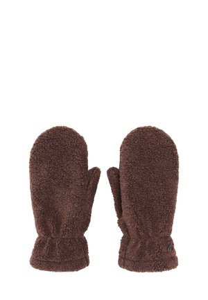 Pair of brown fuzzy mittens with elastic wrists, designed for warmth and comfort.