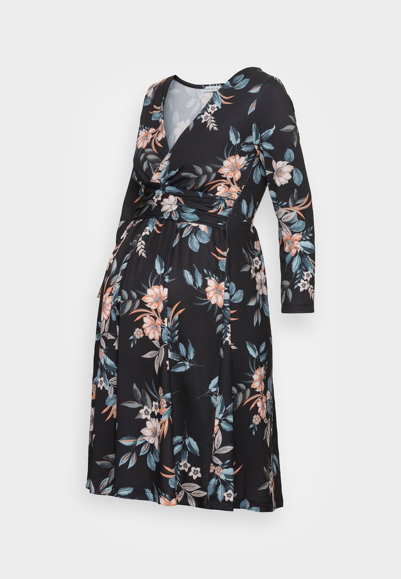 Robe portefeuille noire à manches longues, avec un motif floral pêche, bleu et vert, et une taille cintrée.