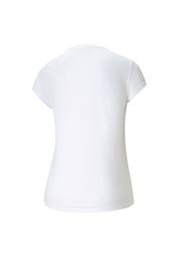 Biała koszulka z krótkim rękawem, okrągłym dekoltem, gładką fakturą i klasycznym krojem. Brak widocznych wzorów lub akcentów na plecach.