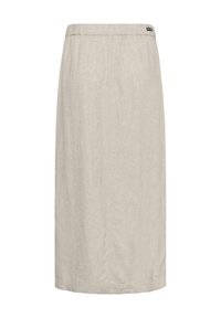 Jupe beige en lin longueur genoux avec une ceinture élastique et une petite étiquette de marque noire en haut à droite.