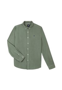 Groene lange mouwen button-up shirt met een kraag, een enkel borstlogo en witte knopen, gemaakt van een gestructureerde stof.