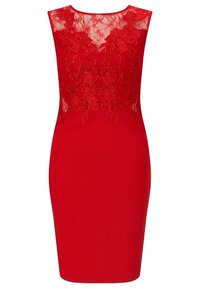 Robe rouge sans manches longueur genou avec des détails en dentelle florale sur le haut de la poitrine et un panneau arrière en dentelle transparente.