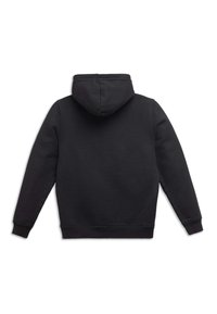 Sudadera negra con capucha de textura suave, que cuenta con mangas largas, un bolsillo canguro y puños y dobladillo acanalados.