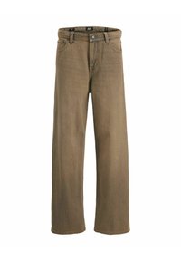 Jean en denim marron coupe droite avec bouton et fermeture éclair, poches avant et passants de ceinture, présenté sur fond blanc.