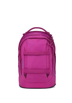 Bright pink backpack with multiple zippered compartments, front straps, and a top handle, shown against a white background.